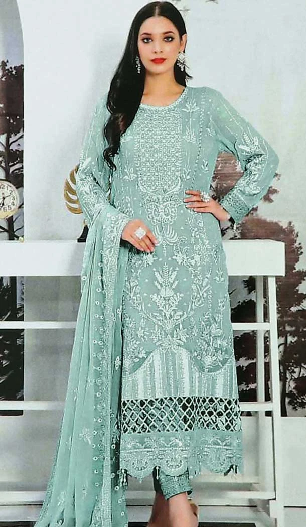 Aqua Blue Faux Georgette Embroidered Pakistani Style Salwar Kameez - 10332193452