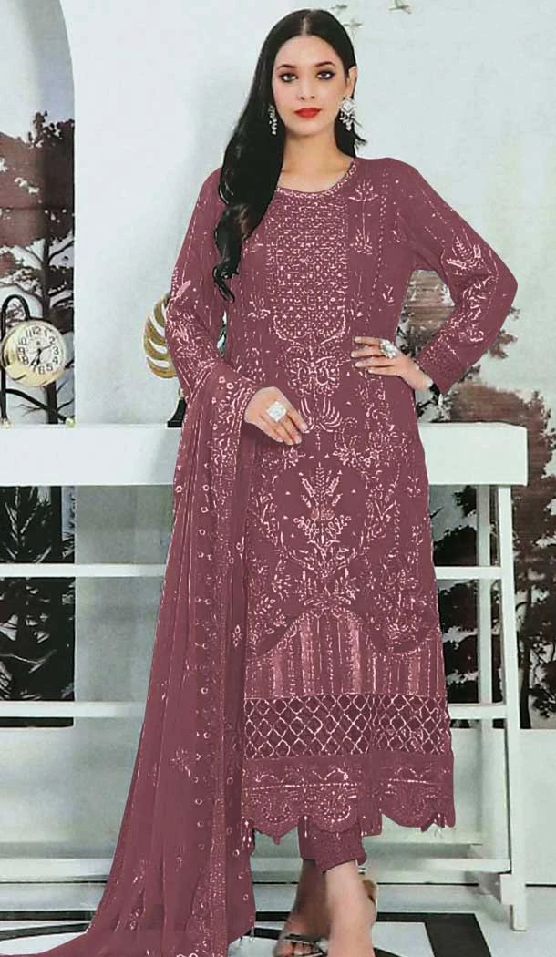 Maroon Faux Georgette Embroidered Pakistani Style Salwar Kameez - 10332193456