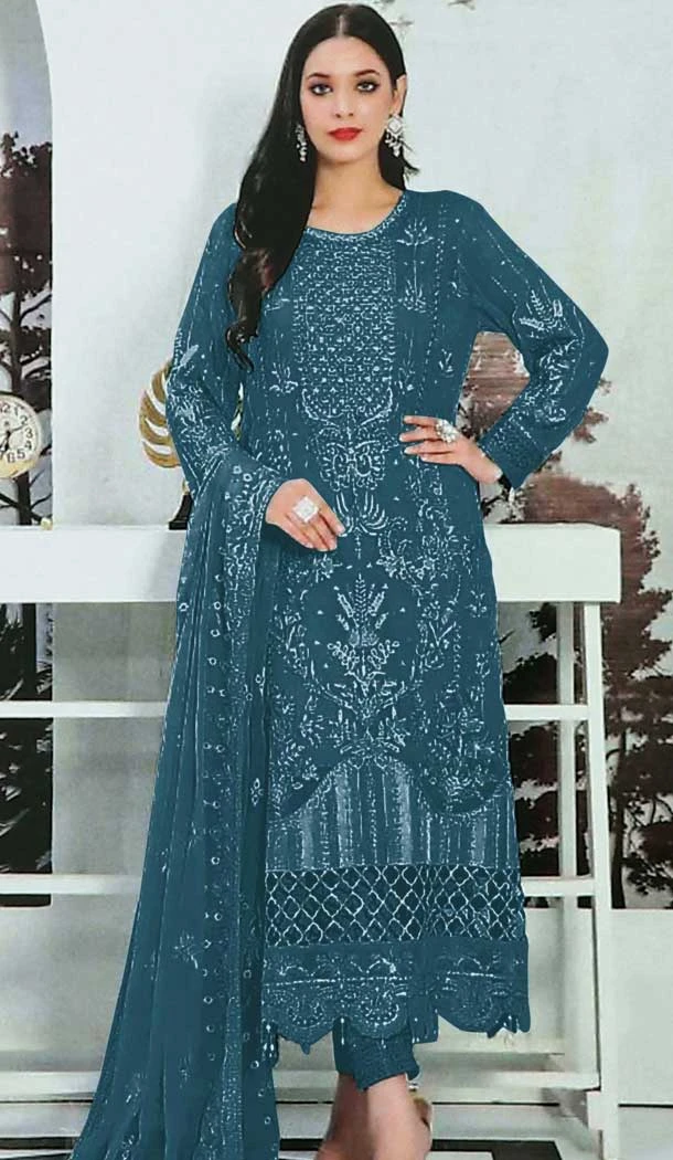 Teal Blue Faux Georgette Embroidered Pakistani Style Salwar Kameez - 10332193457