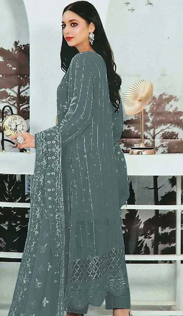 Grey Faux Georgette Embroidered Pakistani Style Salwar Kameez - 10332193459