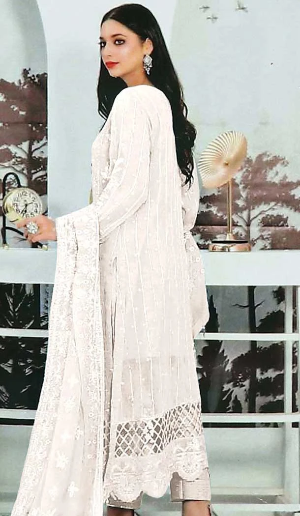 White Faux Georgette Embroidered Pakistani Style Salwar Kameez - 10332193463