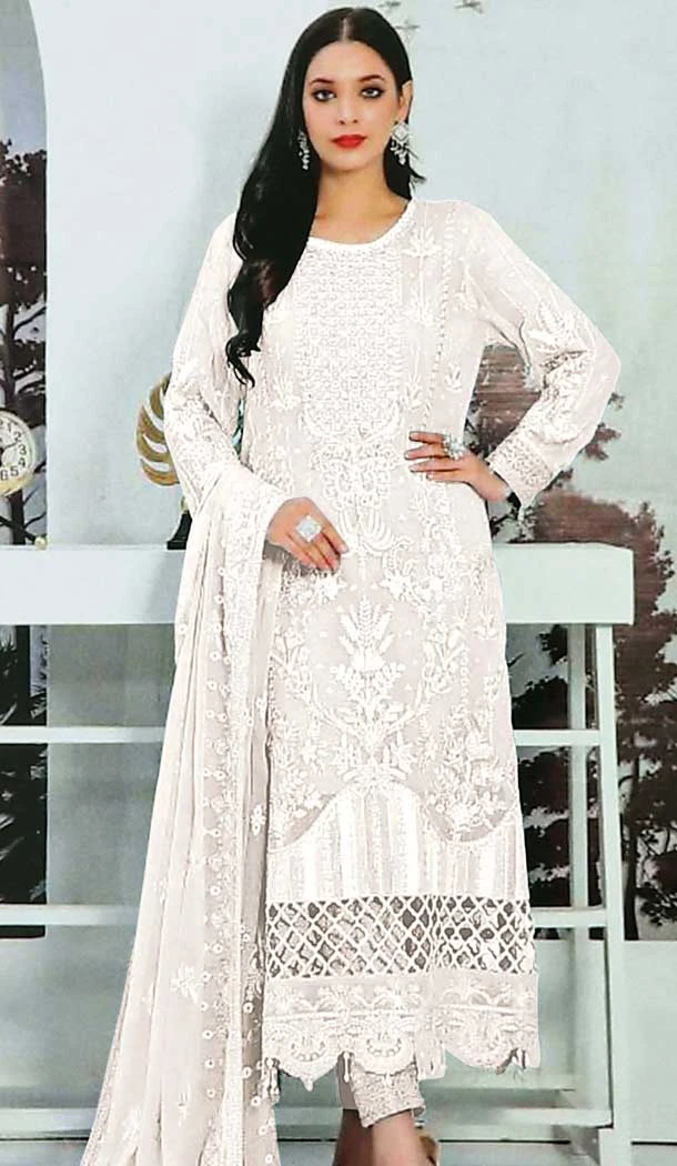 White Faux Georgette Embroidered Pakistani Style Salwar Kameez - 10332193463