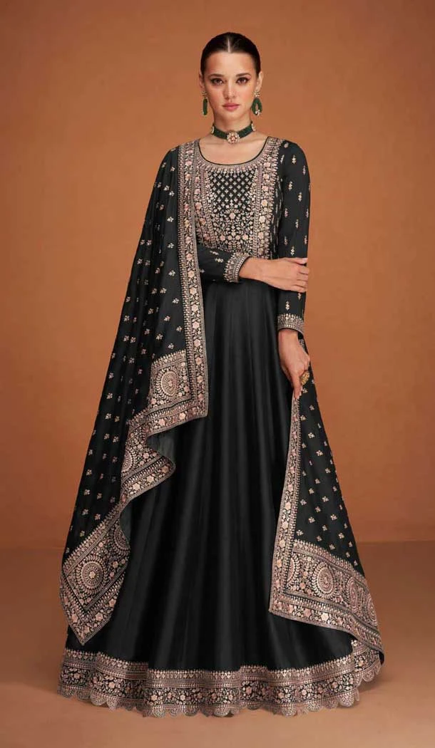 Premium Silk Embroidered Party Wear Anarkali Suit In Black - 10333193465