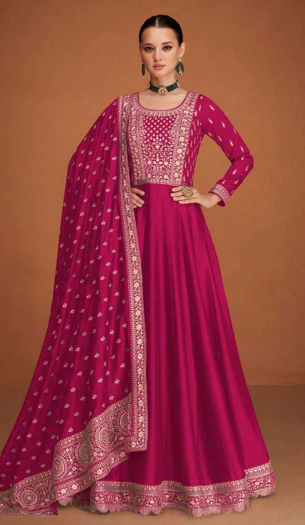 Premium Silk Embroidered Party Wear Anarkali Suit In Rani Pink - 10333193466
