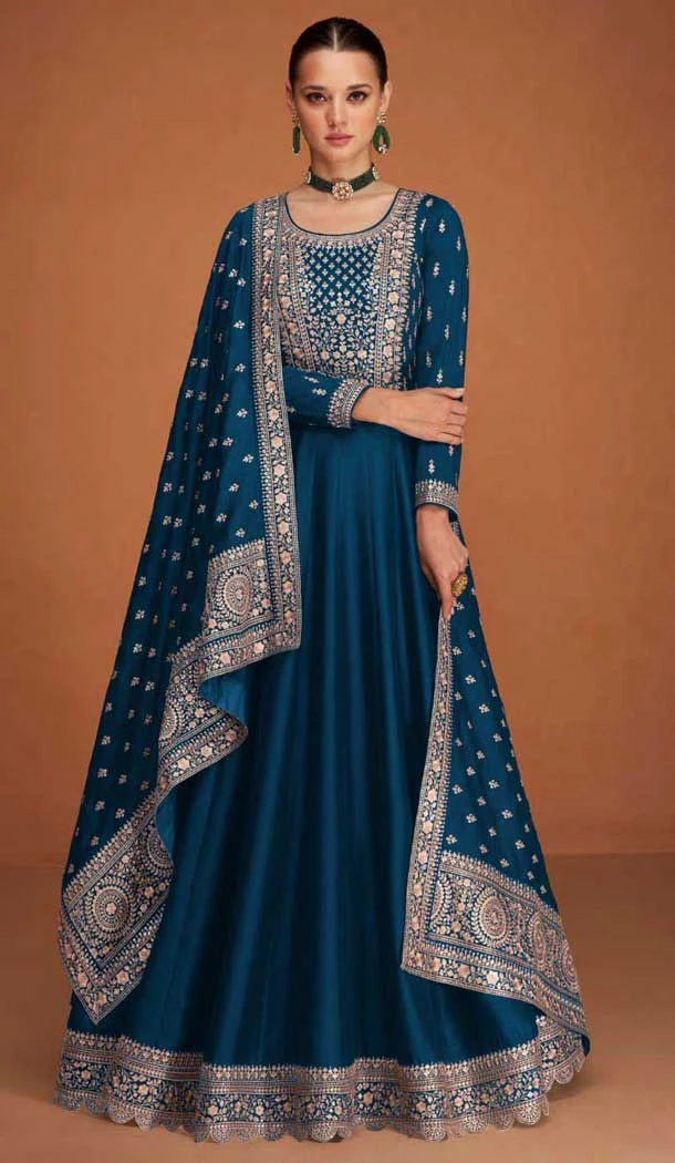 Premium Silk Embroidered Party Wear Anarkali Suit In Teal - 10333193467