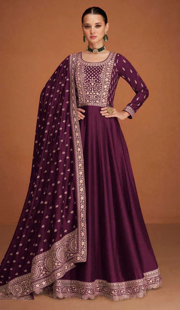 Premium Silk Embroidered Party Wear Anarkali Suit In Wine - 10333193468