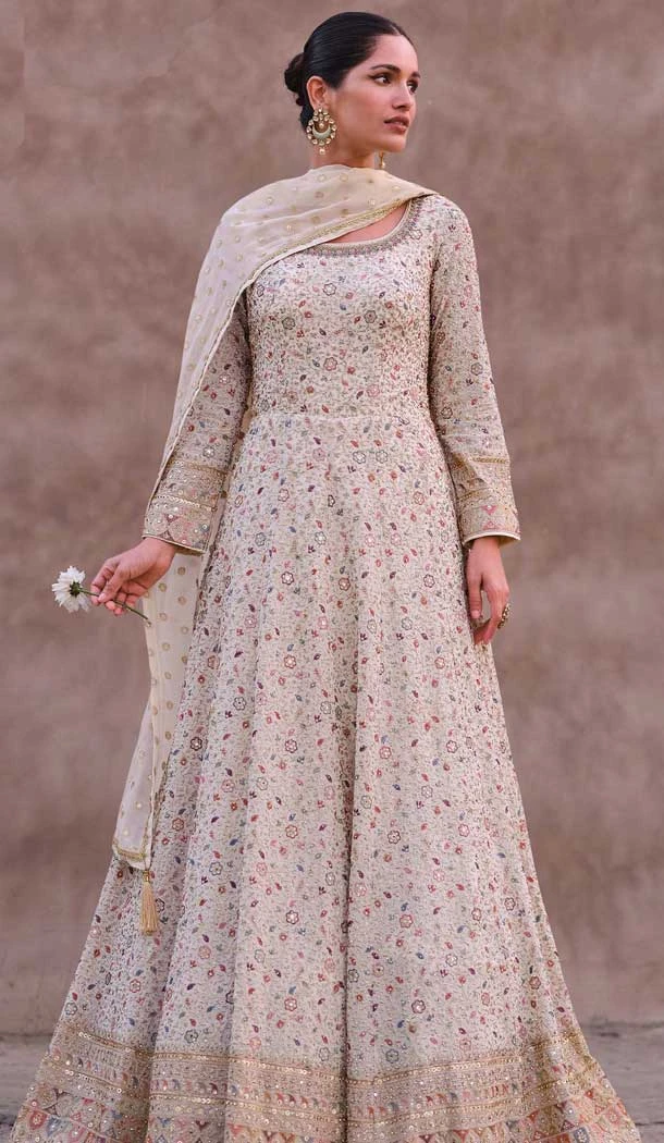 Georgette Embroidered Party Wear Anarkali Salwar Suit In Off White - 10334193469