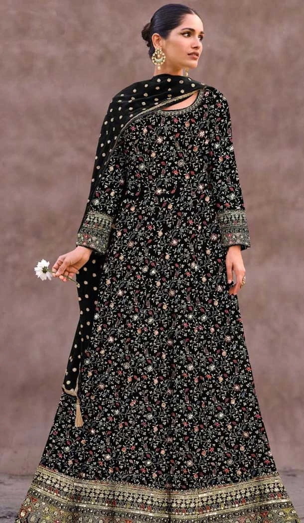 Georgette Embroidered Party Wear Anarkali Salwar Suit In Black - 10334193470