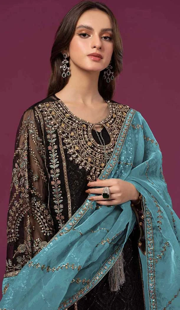 Black Fox Georgette Embroidered Pakistani Style Palazzo Salwar Suit - 10335193475