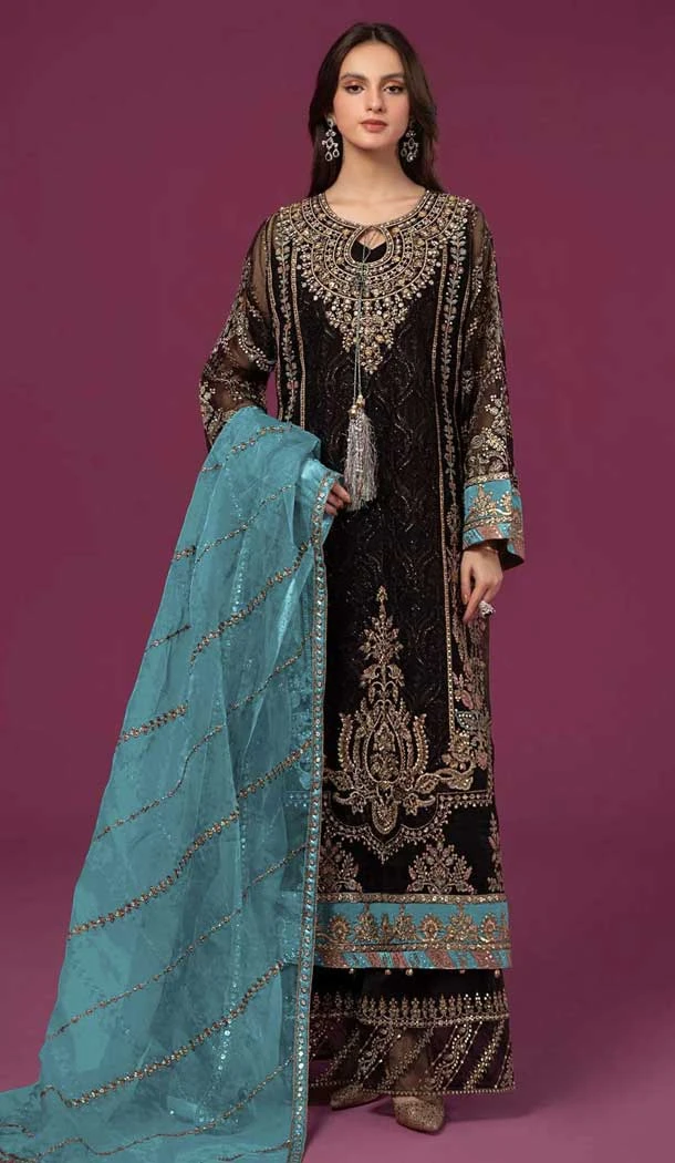 Black Fox Georgette Embroidered Pakistani Style Palazzo Salwar Suit - 10335193475