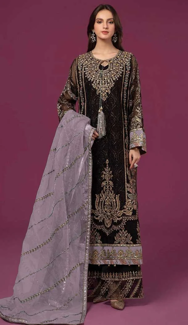 Fancy Black Fox Georgette Embroidered Pakistani Style Palazzo Salwar Suit - 10335193478