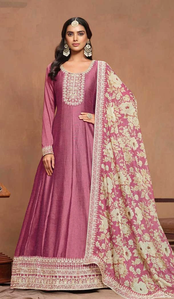 Art Silk Embroidered Party Wear Gown With Dupatta In Mauve - 10337193480