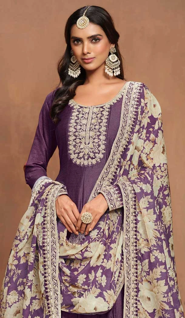 Art Silk Embroidered Party Wear Gown With Dupatta In Purple - 10337193481