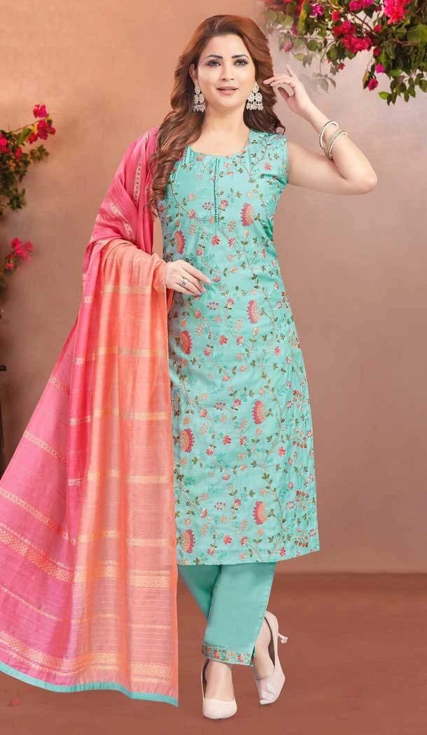 Aqua Blue Soft Silk Embroidered Designer Readymade Salwar Suit - 10341193498