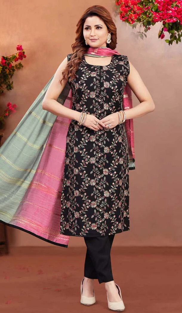 Black Soft Silk Resham Work Designer Readymade Salwar Suit - 10341193499