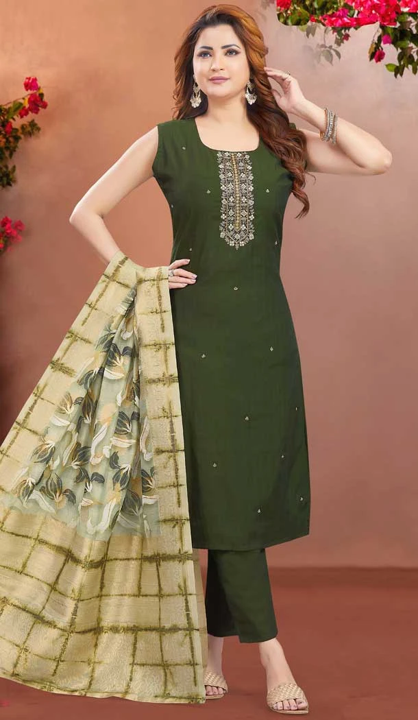 Mehendi Green Modal Silk Resham Work Designer Readymade Salwar Suit - 10341193502