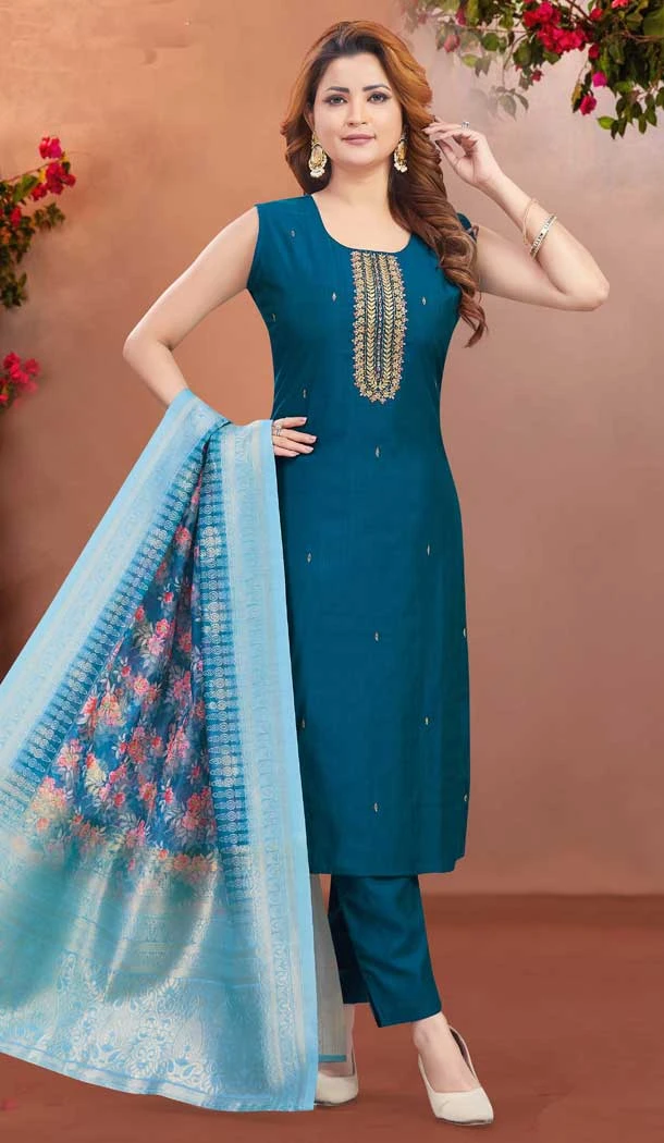 Teal Blue Modal Silk Resham Work Designer Readymade Salwar Suit - 10341193503