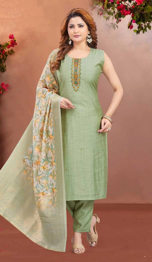 Pista Green Modal Silk Resham Work Designer Readymade Salwar Suit - 10341193504