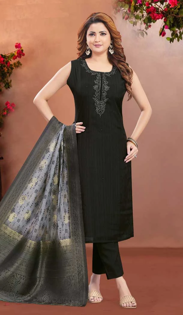 Black Modal Silk Resham Work Designer Readymade Salwar Suit - 10341193505