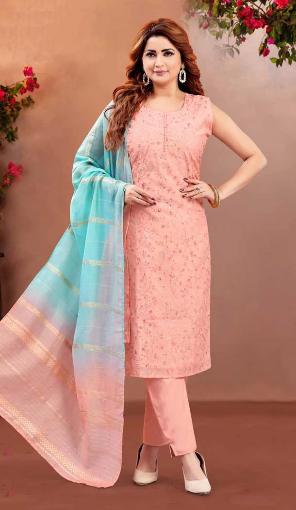 Soft Silk Resham Work Designer Readymade Salwar Suit In Peach - 10341193511