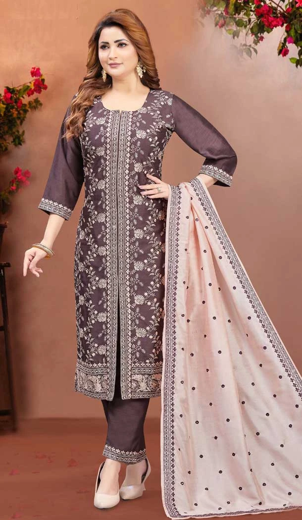 Mauve Vichitra Silk Embroidered Designer Readymade Salwar Suit - 10341193514