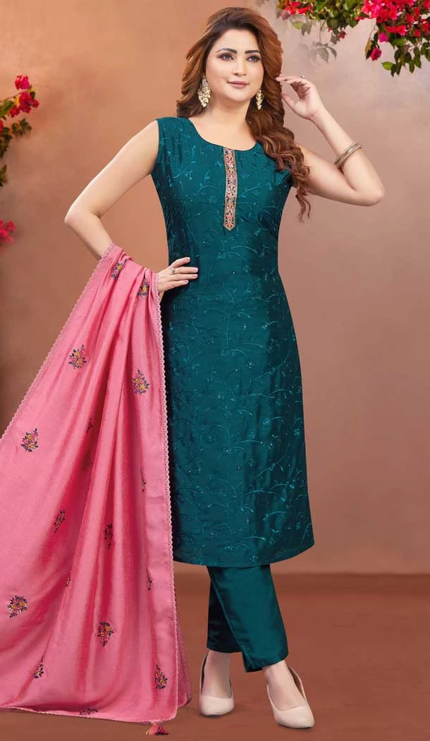 Teal Blue Soft Silk Resham Work Designer Readymade Salwar Suit - 10341193516