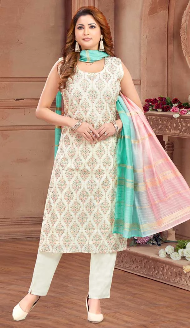 Cream Soft Silk Resham Work Designer Readymade Salwar Suit - 10341193517