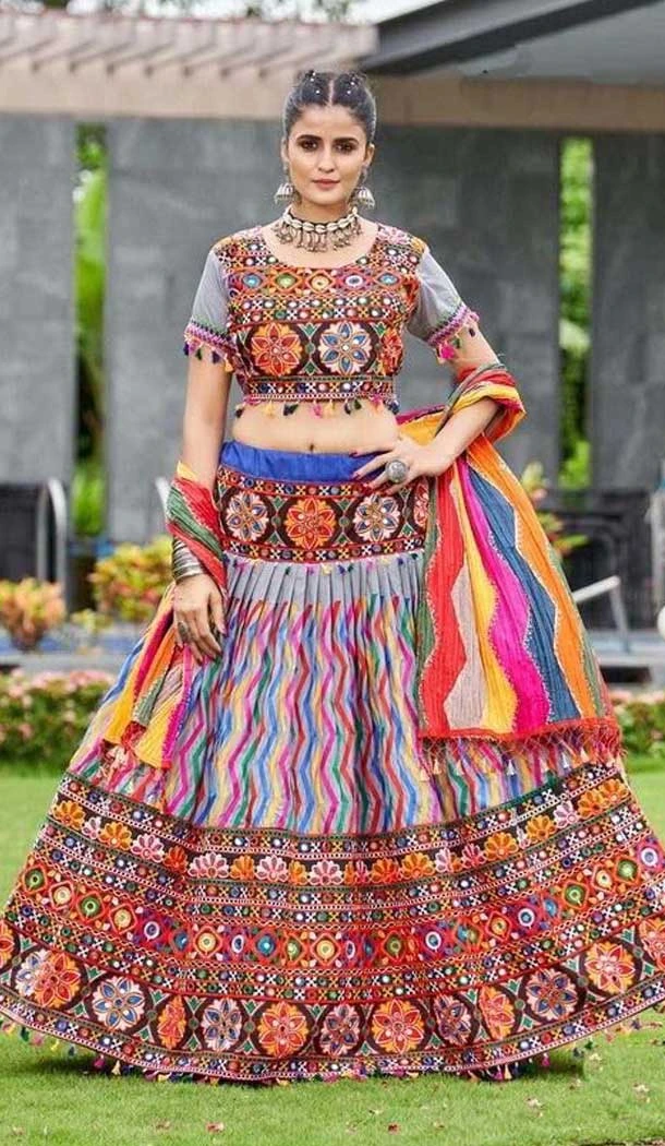 Cotton Embroidery Work Traditional Wear Lehenga Choli In Multi Color - 10355193577