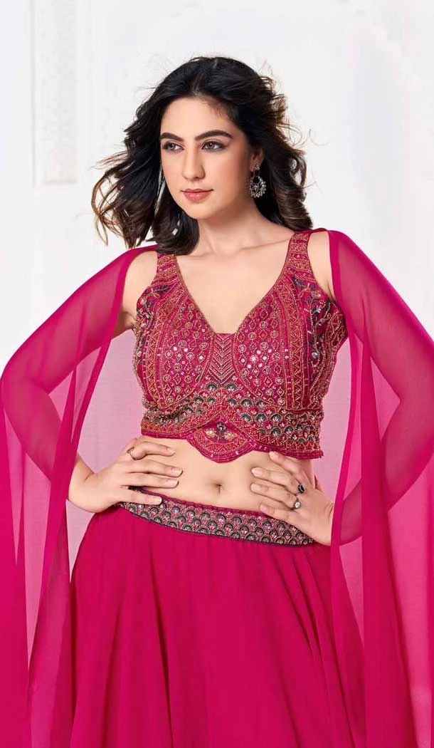 Rani Pink Georgette Embroidered Party Wear Lehenga Choli - 10357193590