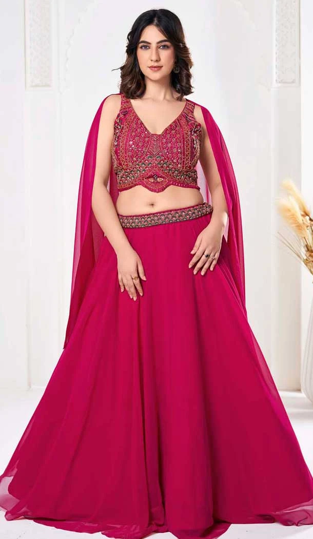 Rani Pink Georgette Embroidered Party Wear Lehenga Choli - 10357193590