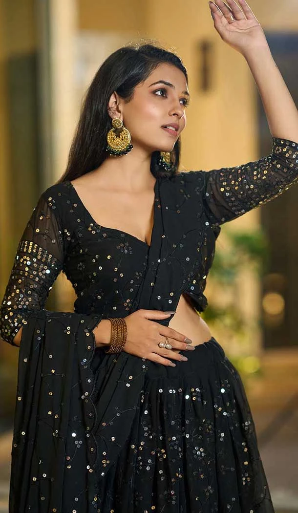 Black Georgette Embroidered Party Wear Lehenga Choli - 10358193591