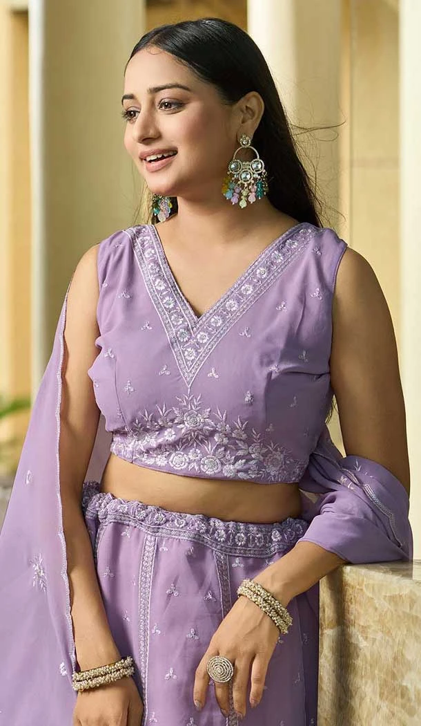 Lavender Georgette Embroidered Party Wear Lehenga Choli - 10358193592