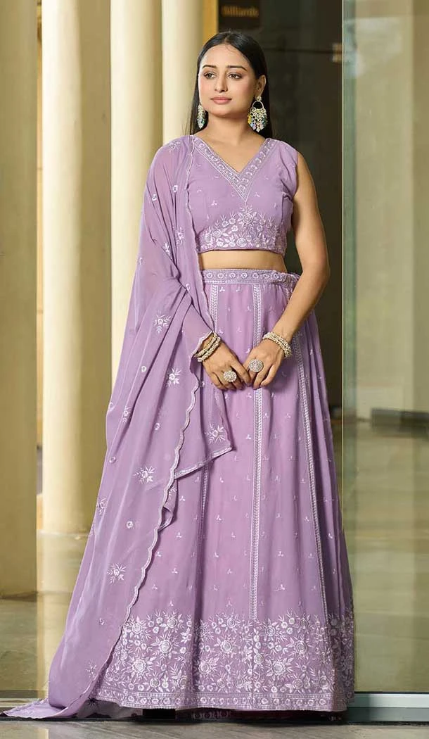 Lavender Georgette Embroidered Party Wear Lehenga Choli - 10358193592