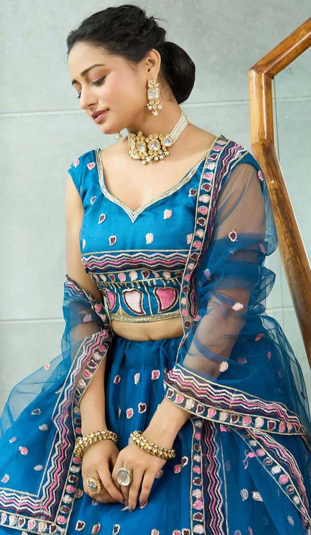 Rama Blue Net Embroidered Party Wear Lehenga Choli - 10358193593