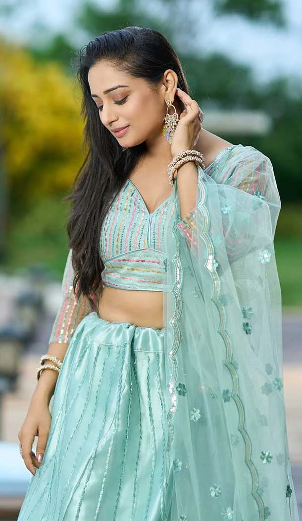Pista Green Net Embroidered Party Wear Lehenga Choli - 10358193595