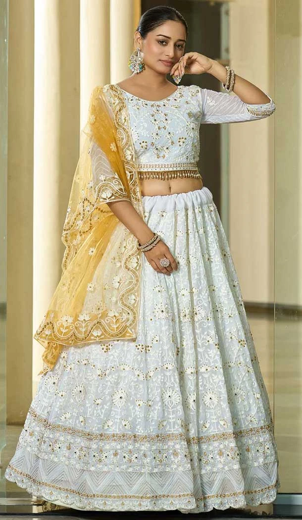 White Georgette Embroidered Party Wear Lehenga Choli - 10358193597