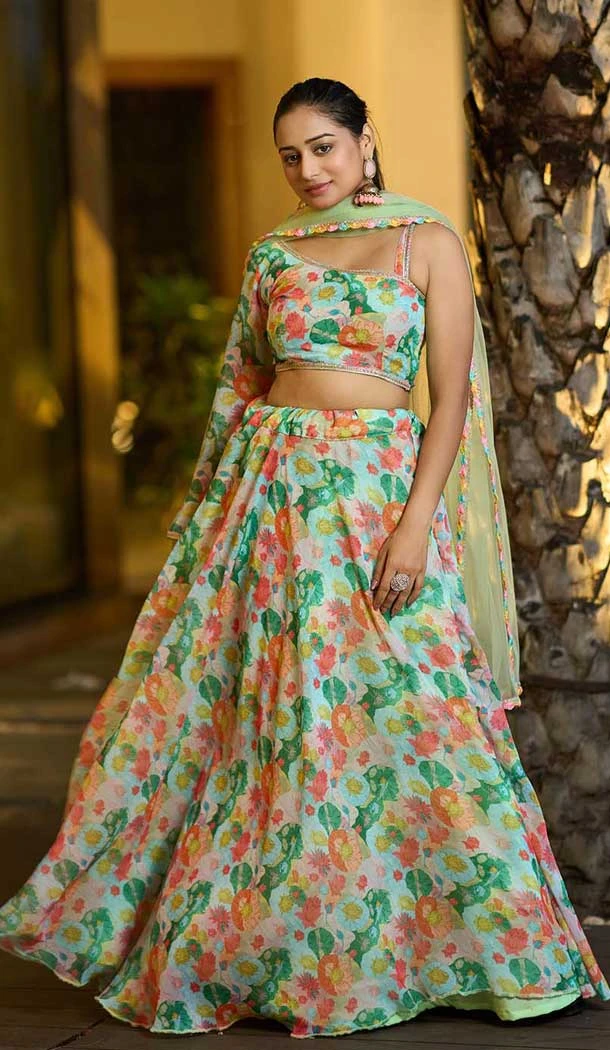 Multi Color Georgette Printed Party Wear Lehenga Choli - 10358193598