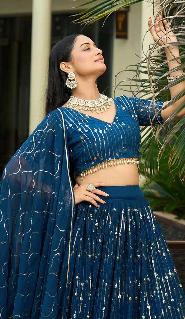 Rama Blue Georgette Embroidered Party Wear Lehenga Choli - 10358193599