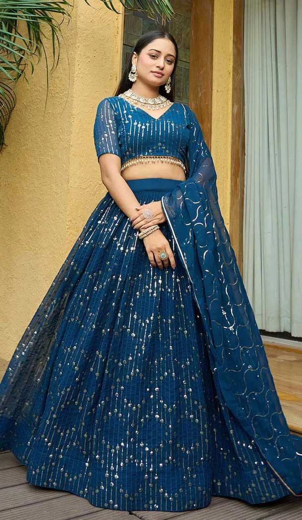 Rama Blue Georgette Embroidered Party Wear Lehenga Choli - 10358193599