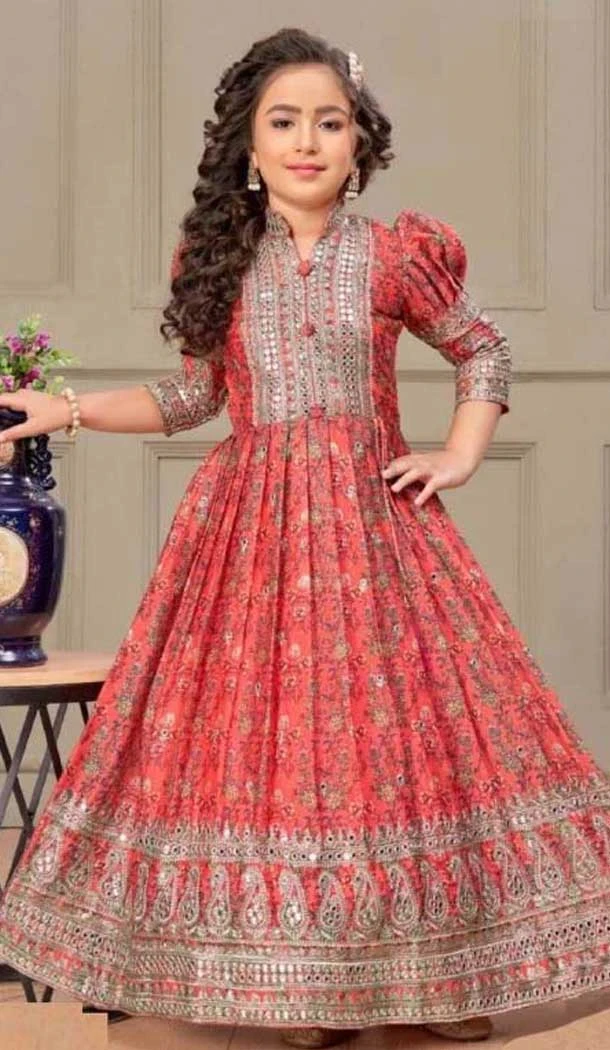 Chinon Silk Digital Print Work Designer Readymade Kids Girls Gown In Red - 10363193615