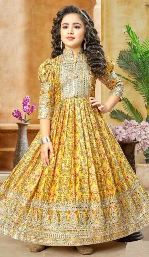 Chinon Silk Digital Print Work Designer Readymade Kids Girls Gown In Yellow - 10363193618