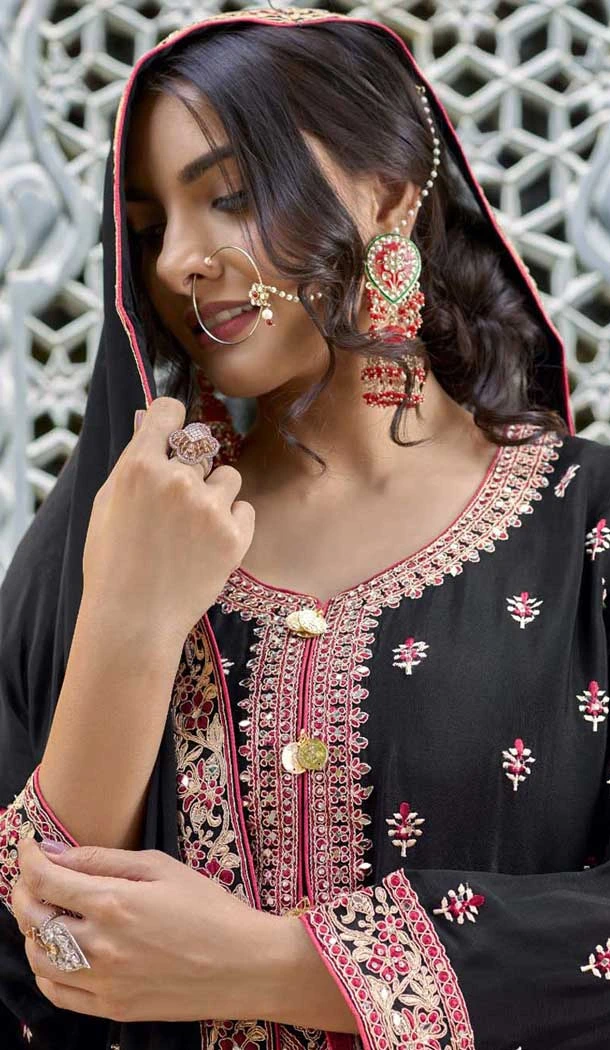 Chinon Embroidered Pakistani Style Palazzo Salwar Kameez In Black - 10379193669