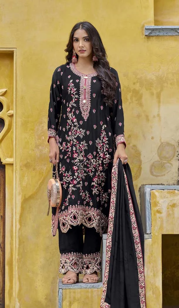 Chinon Embroidered Pakistani Style Palazzo Salwar Kameez In Black - 10379193669