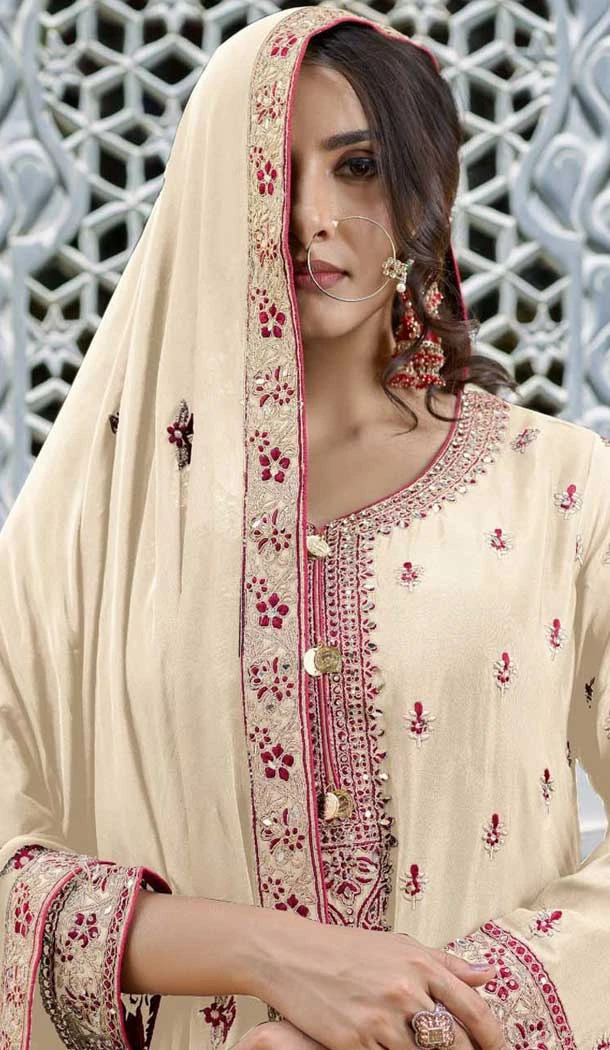 Chinon Embroidered Pakistani Style Palazzo Salwar Kameez In Cream - 10379193670