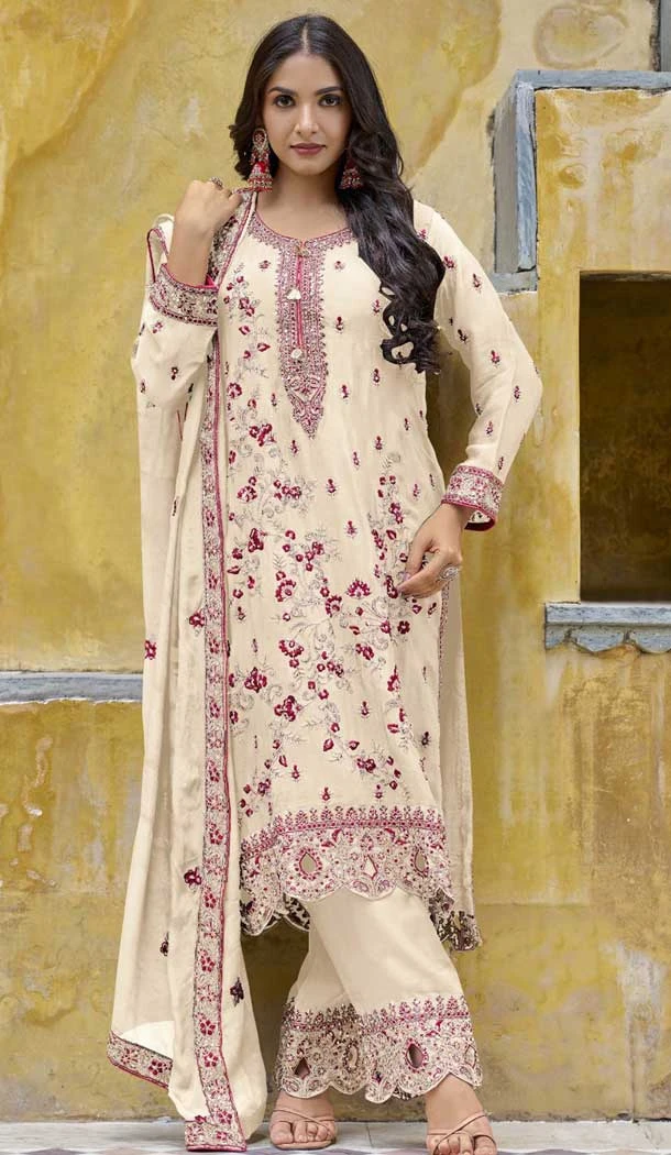 Chinon Embroidered Pakistani Style Palazzo Salwar Kameez In Cream - 10379193670
