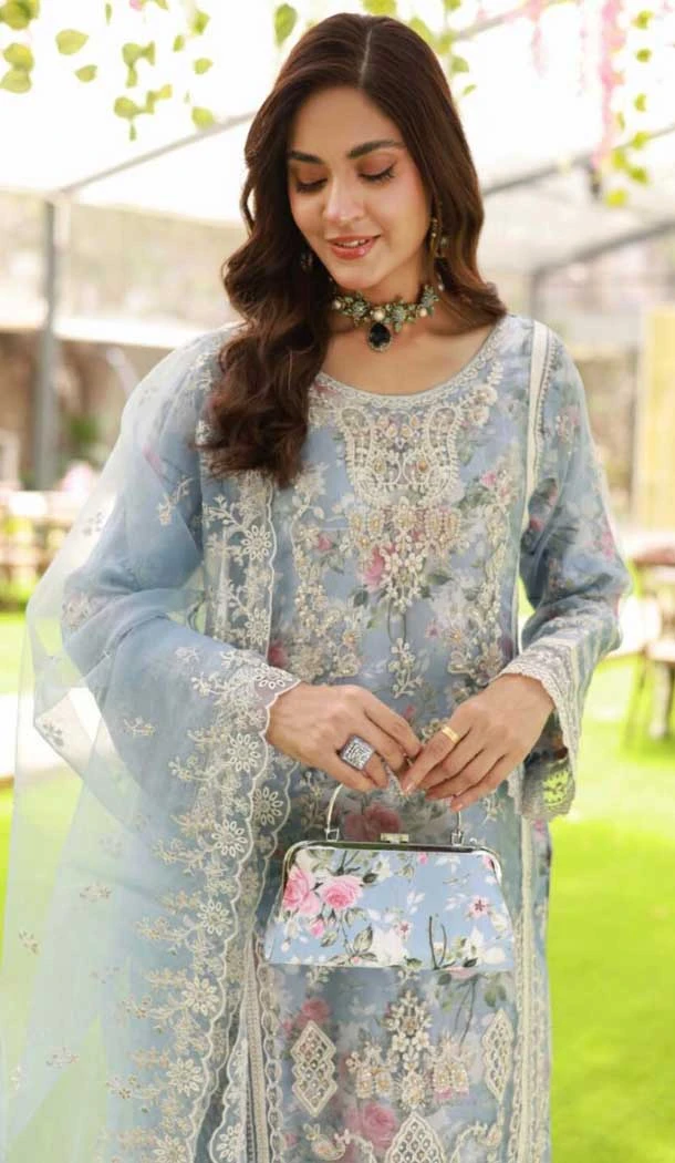 Sky Blue Organza Silk Digital Printed Casual Wear Salwar Suit - 10380193672