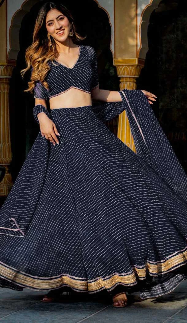 Georgette Leheriya Printed Work Party Wear Lehenga Choli In Black - 10381193673