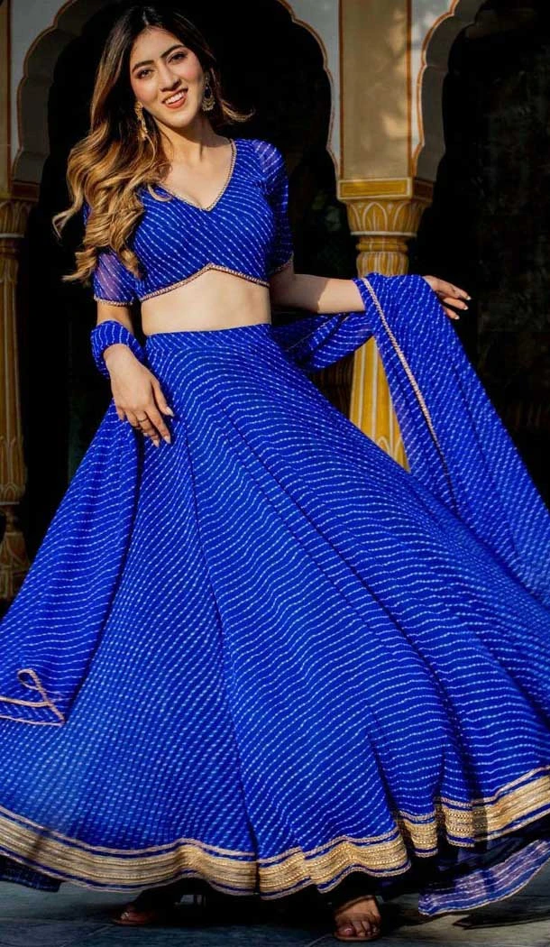 Georgette Leheriya Printed Work Party Wear Lehenga Choli In Navy Blue - 10381193674