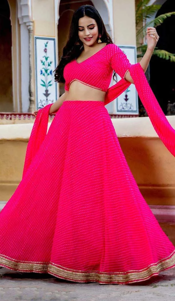 Georgette Leheriya Printed Work Party Wear Lehenga Choli In Pink - 10381193675
