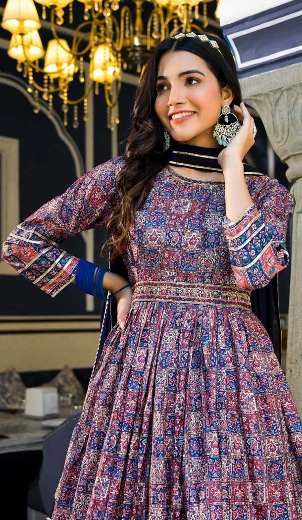 Blue Dola Silk Digital Printed Readymade Gown With Dupatta - 10382193679